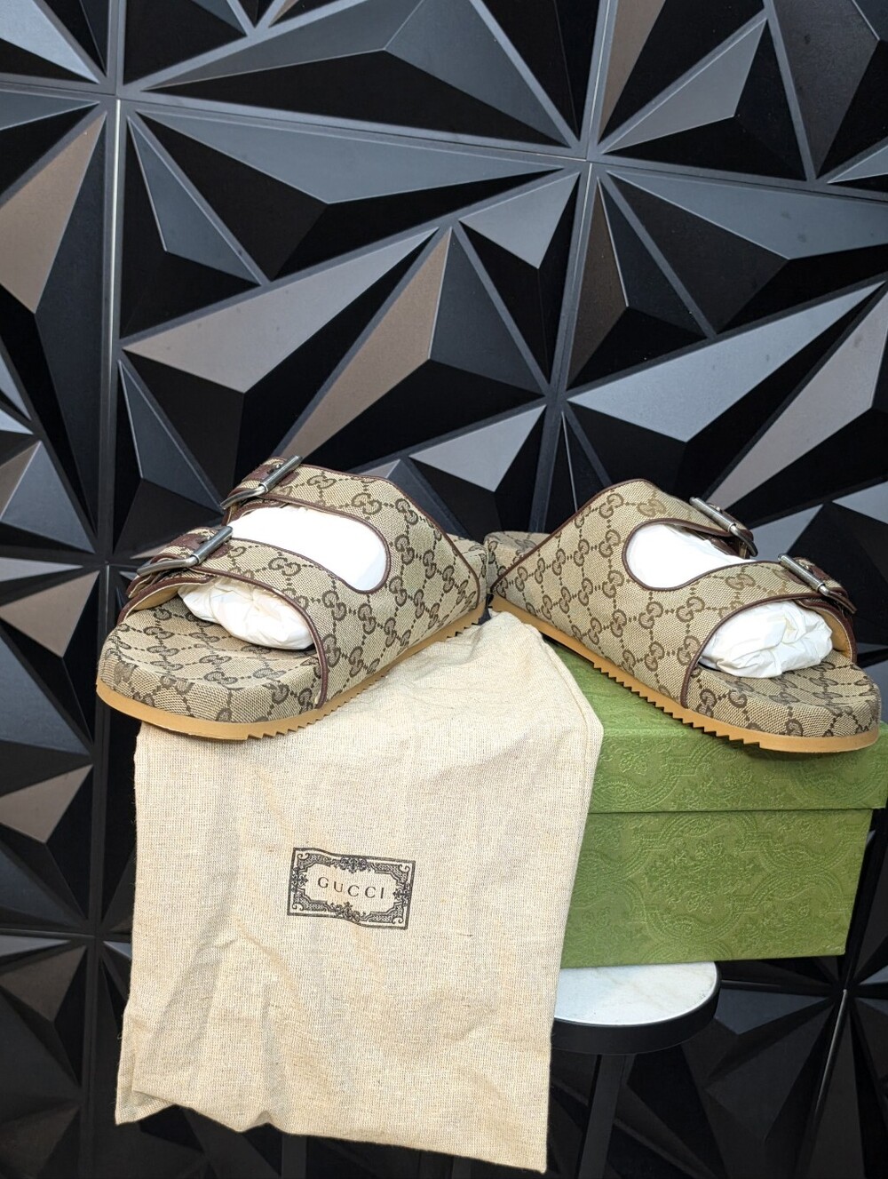 Gucci Brown GG Canvas Double Buckle Slide Sandals